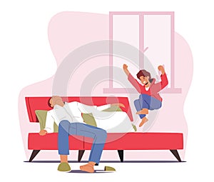 Tired Parent with Hyperactive Child at Home, Fatigue Father Character Sleep while Son Jumping on Bed, Dad Tiredness