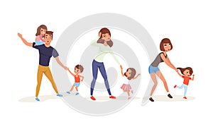 Tired Parents and Hyperactive Children Claiming Attention Vector Illustration Set