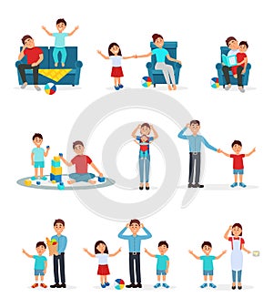 Tired parents and their children set, exhausted parents playing, reading and caring for their children vector