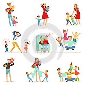 Tired parents and their children set, parenting stress vector Illustration