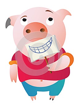 A tired pig is pretending. Holding a fake smile.