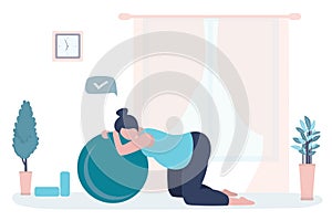Tired pregnant woman after doing exercises with fitball. Fitness during pregnancy. Health care and sport concept