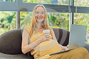 Tired pregnant woman at work drinks coffee caution advised due to potential harm of caffeine during pregnancy