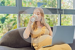 Tired pregnant woman at work drinks coffee caution advised due to potential harm of caffeine during pregnancy