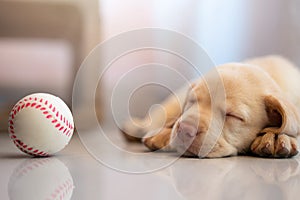 Tired puppy fall asleep after palying with ball
