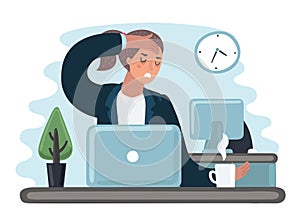 Tired sad busy office worker woman character yawn. Vector flat cartoon illustration