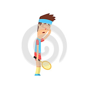 Tired or sad guy holding tennis racket and closing his face with hand. Young man in sportswear. Flat vector design