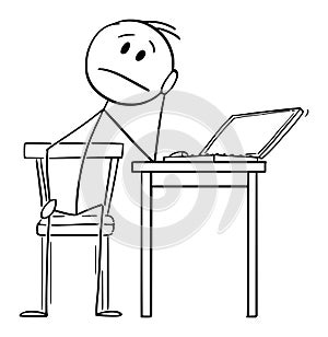 Tired or Sad Man Working on Computer at Home During Quarantine, Home Office , Vector Cartoon Stick Figure Illustration