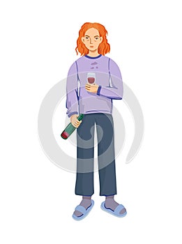 Tired sad woman with bottle of wine. Drunk woman with alcohol addiction. Alcoholic female. Vector illustration