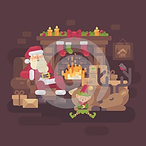 Tired Santa Claus with his reindeer and elf sleeping by the fire