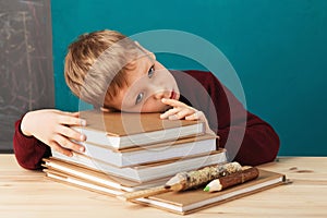 Tired school boy asleep on books. little student sleeping on tex