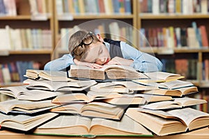 Tired School Child Sleeping on Books, Bored Boy Studying, Hard Education