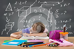 Tired school girl sleeping on the bench, behind heavy duties on the board