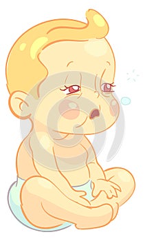 Tired sick baby sit in diaper. Cartoon toddler