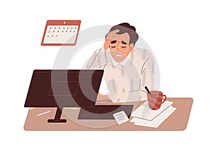 Tired sick man at work. Exhausted overworked employee at office desk. Concept of burnout and overload. Colored flat