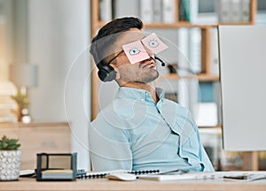 Tired, sleeping and business man with sticky note eyes from low energy and burnout at office desk. Fatigue, nap and rest