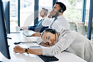 Tired, sleeping in call center and team burnout while giving customer service, consulting online and working at