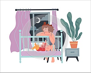 Tired sleepy mom rocks the baby in the cradle. concept of postpartum depression