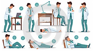 A tired and stressed doctor in uniform. The medical staff is defeated by fatigue and burnout. The sleepy doctor in
