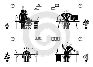 Tired, stressed, unhappy, bored stick figure woman office vector icon set. Hard working business lady pictogram.