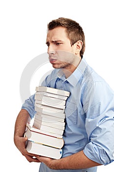 Tired student holding books