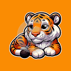 A tired tiger laying on his stomach with his legs stretched