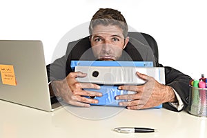 Tired wasted businessman working in stress at office laptop computer exhausted overwhelmed