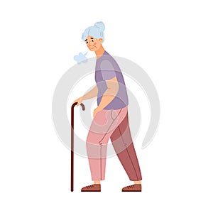 Tired weak elderly woman moving with difficulty, vector illustration isolated.