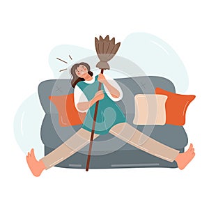 Tired woman on the couch with a broom. Vector flat design of an exhausted girl. The female character is resting in the