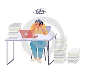 Tired woman employee sitting at desk in office, flat vector illustration. Burnout syndrome, chronic fatigue, stress.