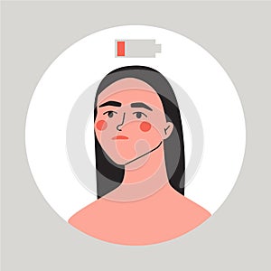 Tired woman. Fatigue, low energy person. Mental health problem. Flat vector illustration