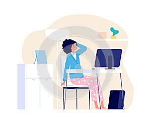 Tired woman. Home office, freelance working with computer. Girl has headache, burnout or deadline time vector concept