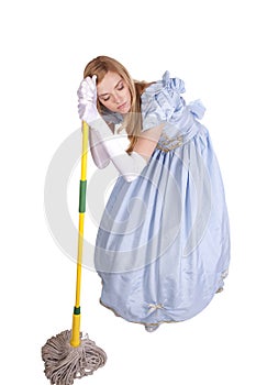 Tired woman leaning on mop