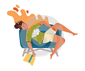 Tired Woman Lying on Sofa Feeling Exhaustion Vector Illustration