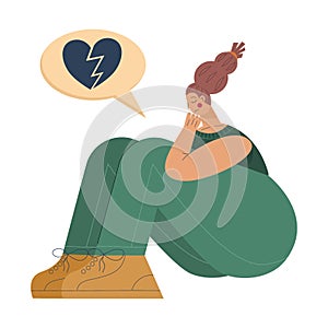 Tired woman sits in depression and frustration with cloud with a broken heart. Tired woman is state of emotional burnout