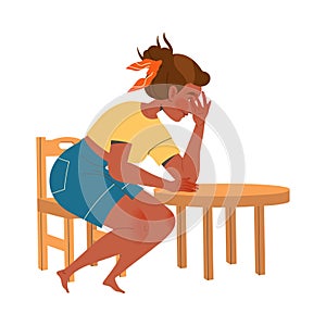 Tired Woman Sitting at Table Feeling Exhaustion Vector Illustration