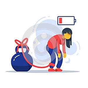 Tired woman tied to kettlebell, exhausted girl, female character feeling powerless, low energy state, responsibility overload