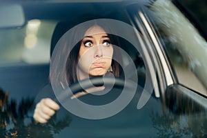 Tired Worried Female Driver Stuck on Long Road Trip