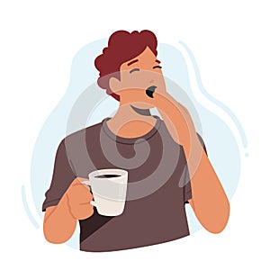 Tired Yawning Coffee Drinker Male Character With Hot Drink Cup With Source Of Energy And Refreshment