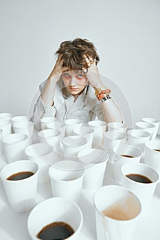 Tired young girl sitting with lots of paper cups of coffee at desk on gray studio background