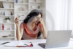 Tired Young Indian Woman Feeling Eyes Strain After Using Laptop