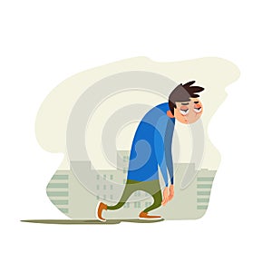 Tired young man against background of the city. Joyless guy plod on gray street. Vector illustration with weary character.