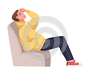 Tired Young Man Sitting on Armchair Scratching Forehead Vector Illustration