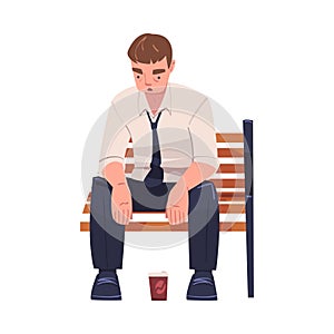 Tired Young Man Sitting on Bench with Coffee Cup and Hang Head Vector Illustration