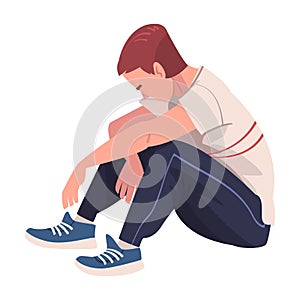 Tired Young Man Sitting on the Floor with Bended Legs Vector Illustration