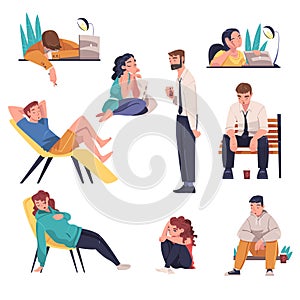 Tired Young Man and Woman Sitting at Table and on Armchair Vector Illustration Set
