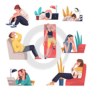 Tired Young Man and Woman Sitting at Table and on Armchair Vector Illustration Set photo