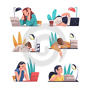 Tired Young Man and Woman Vector Illustration Set