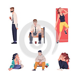 Tired Young Man and Woman Vector Illustration Set