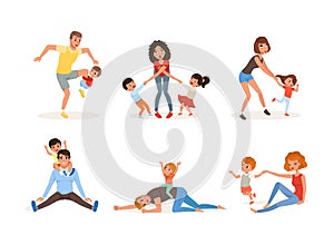 Tired young parents with naughty children set. Stressed exhausted moms and dads cartoon vector illustration